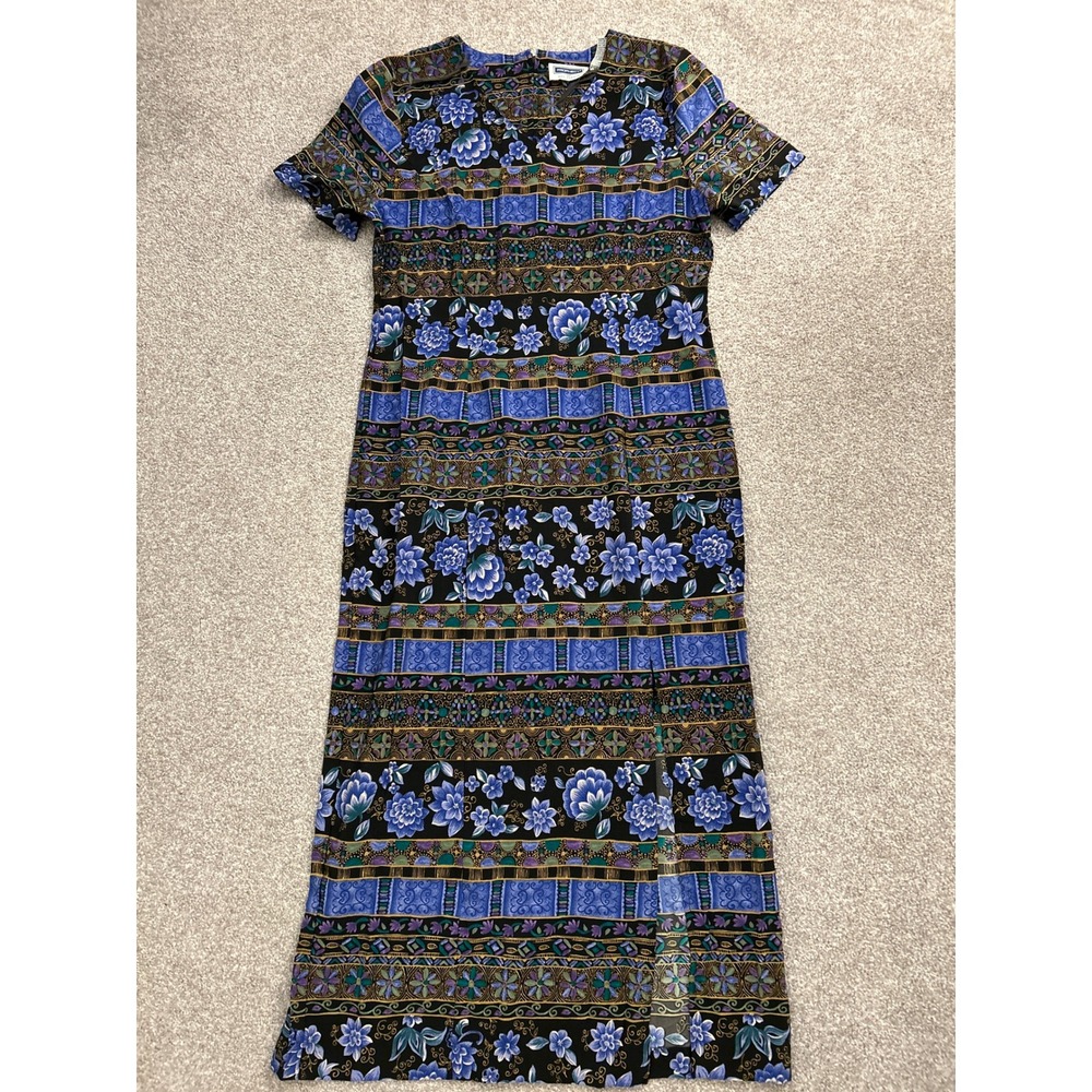 90s Prophecy Sag Harbor Maxi Dress Women 14 Blue Floral Border Print V-Neck EXCL